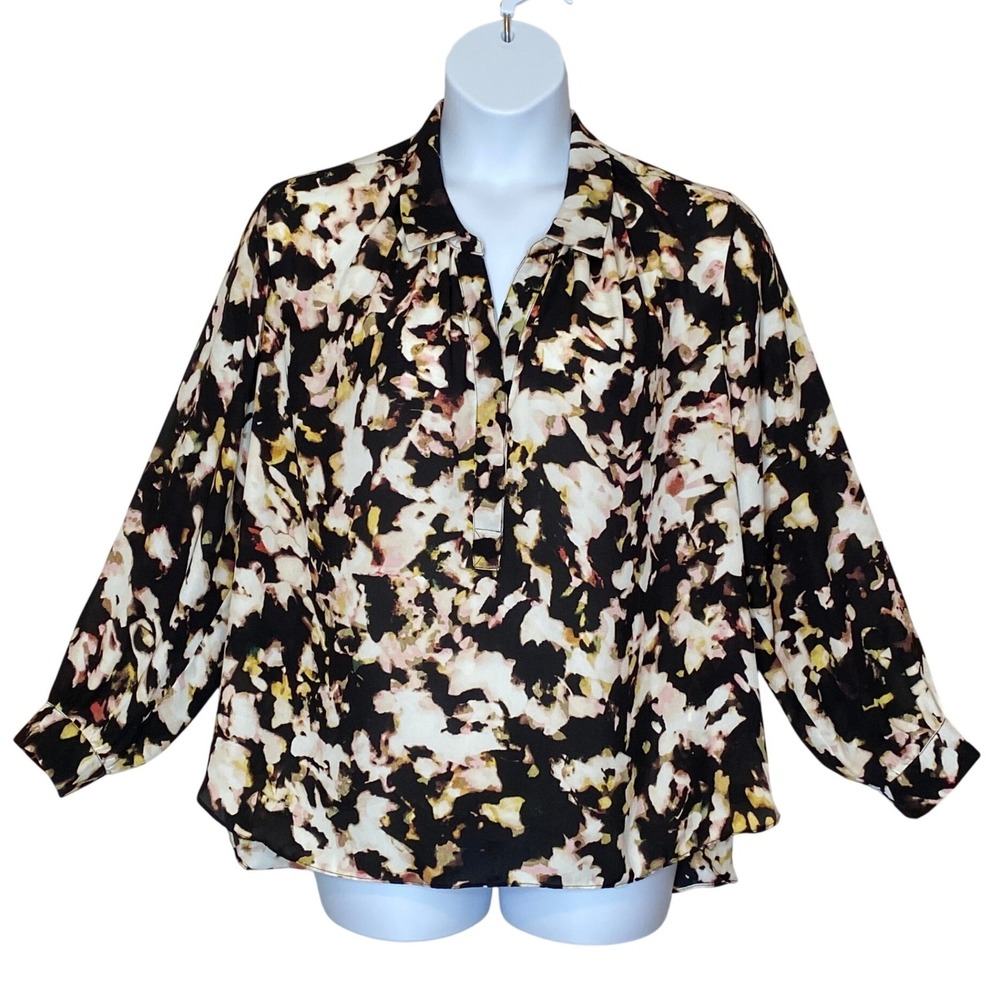 Rose + Olive Womens Popover Blouse Top 2X Abstract Dark Floral Artsy Bohemian
